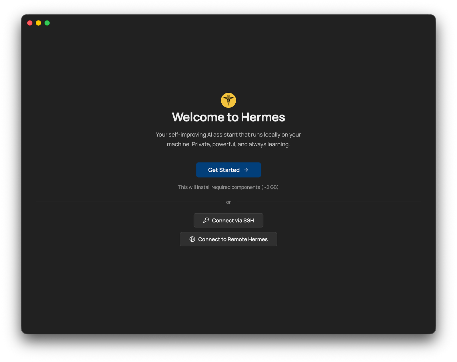 Hermes One 的欢迎界面,带有 Get Started 按钮。