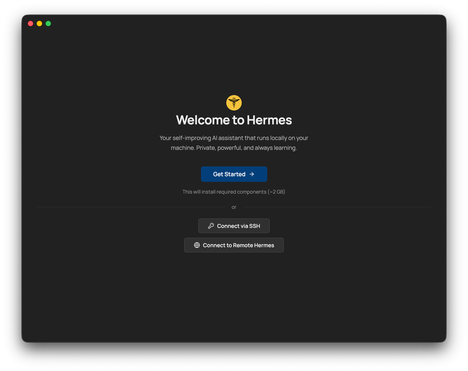 The Hermes One welcome screen with the Get Started button.