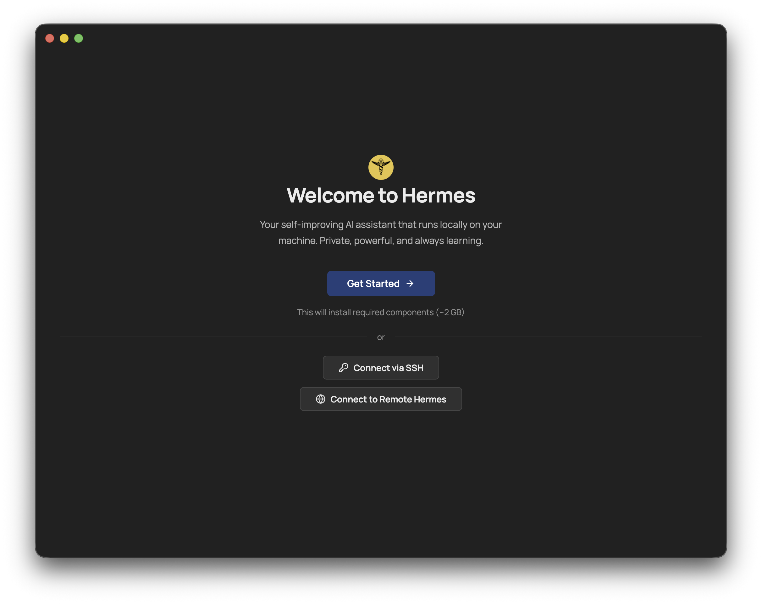 Hermes One 的欢迎界面，带有 Get Started 按钮。