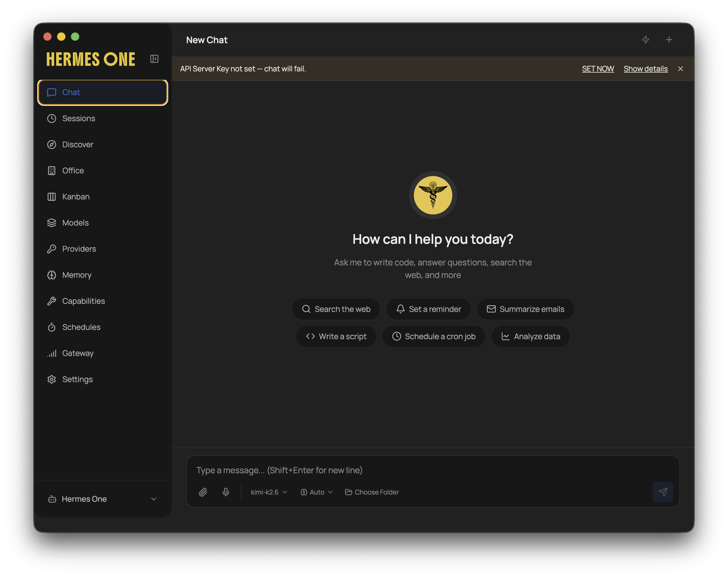 Chat 界面，已选中 kimi-k2.6，API 密钥提示横幅仍然显示。