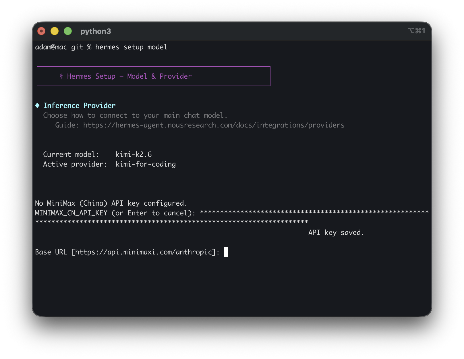输入 MINIMAX_CN_API_KEY 并确认 base URL。