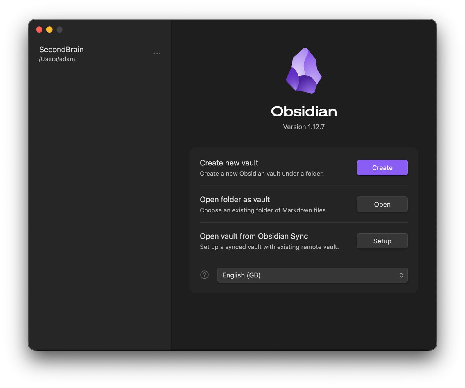 Obsidian 欢迎界面，显示新建或打开笔记库的选项