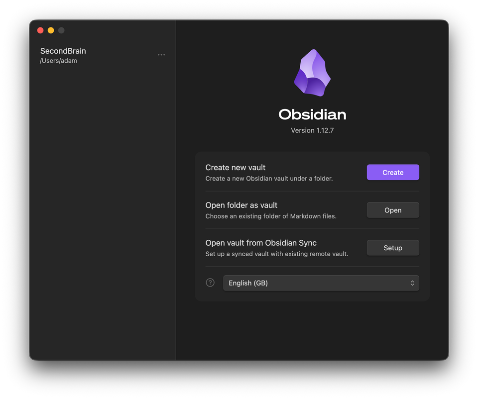 The Obsidian welcome screen showing options to create or open a vault