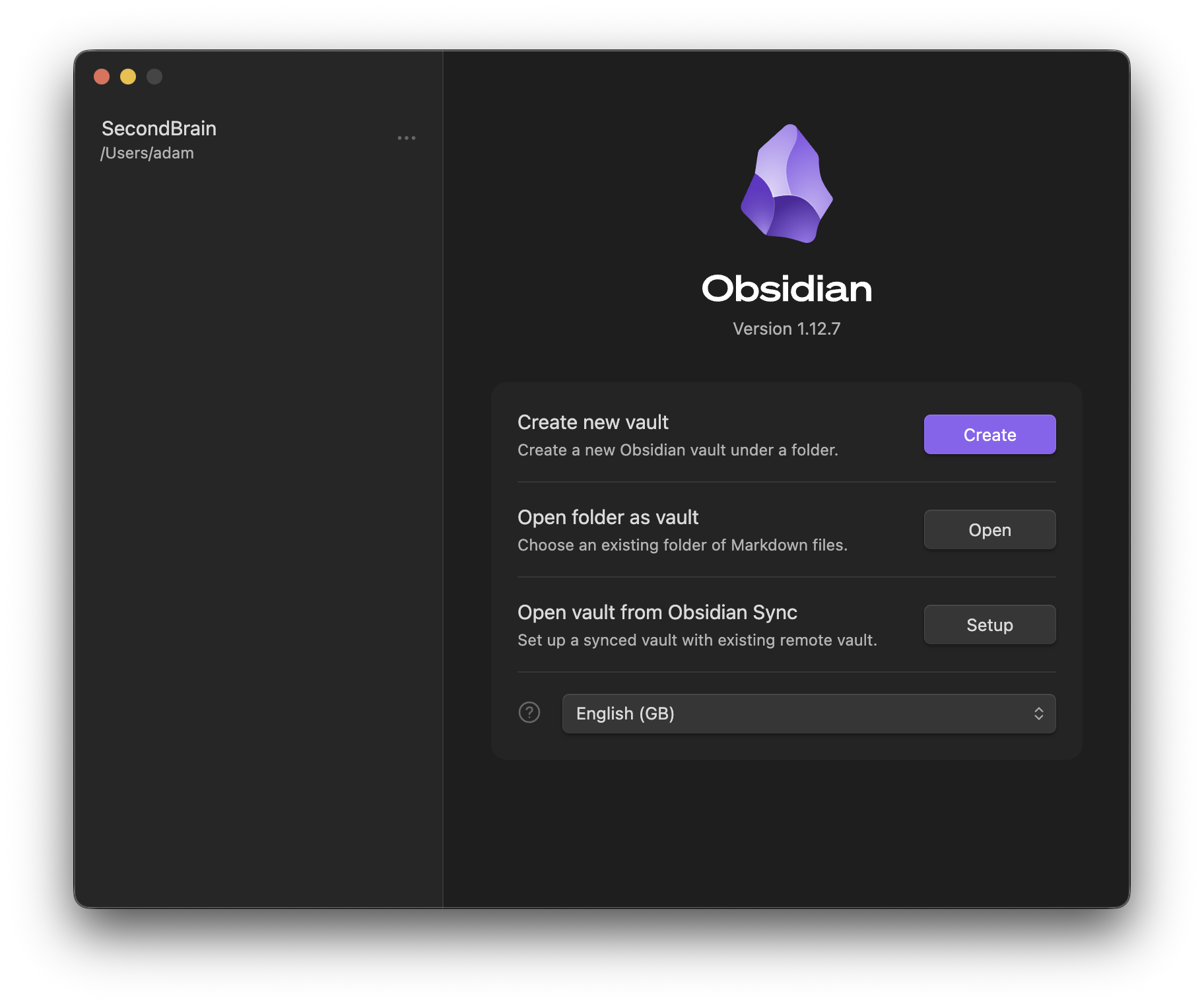 Obsidian 欢迎界面，显示新建或打开笔记库的选项