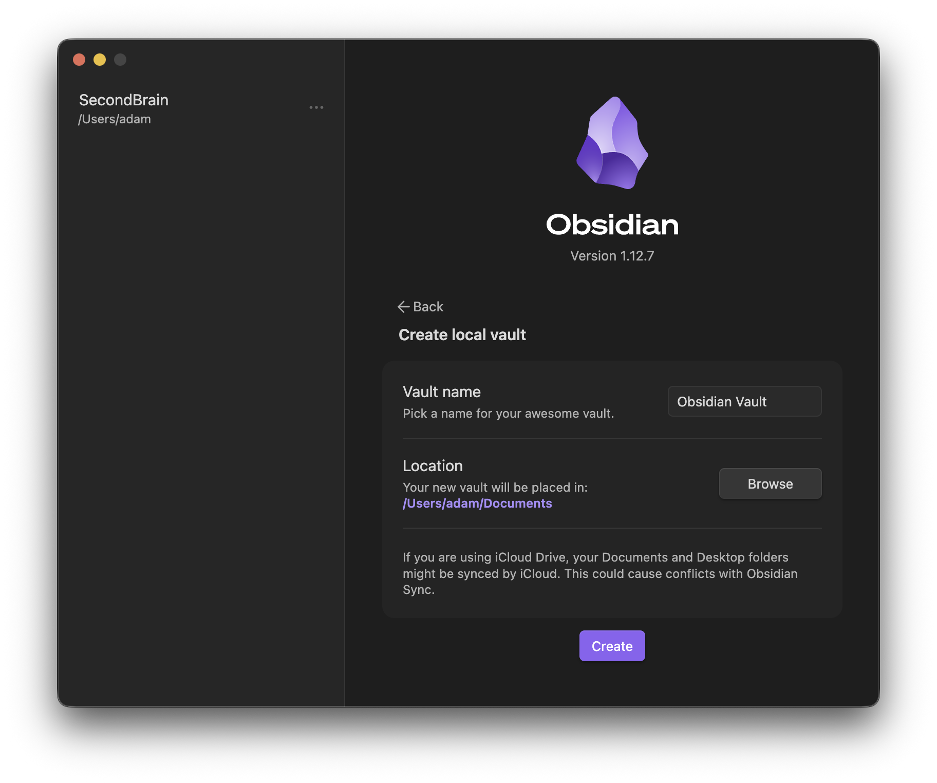 新建本地笔记库界面，笔记库名称设为 Obsidian Vault，存储位置设为 Documents